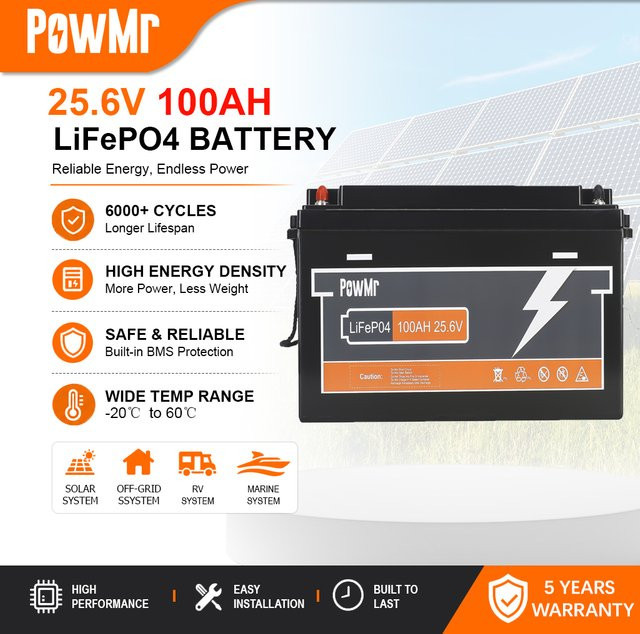 PowMr LiFePO4 Batterie 25,6V 100Ah 2560Wh mit 100A BMS Deep-Cycle Lithium-Eisenphosphat-Batterie in Schwarz für Solar, Wohnmobile, Marine und Golfcarts - Bild 1