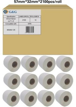 G&G Thermopapier Etiketten Weiß, kompatibel zu Zebra 800262-125, Selbstklebend, Beschichtet, Perforiert, B: 57 mm, H: 32 mm, 12 Rollen à 2100 Stück - Bild 1