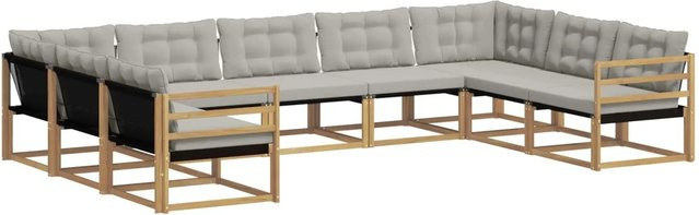vidaXL Outdoor-Sofagarnitur 9-tlg. aus Akazienholz mit Textilene und Kissen, Weiß-Hellgrau - Bild 1