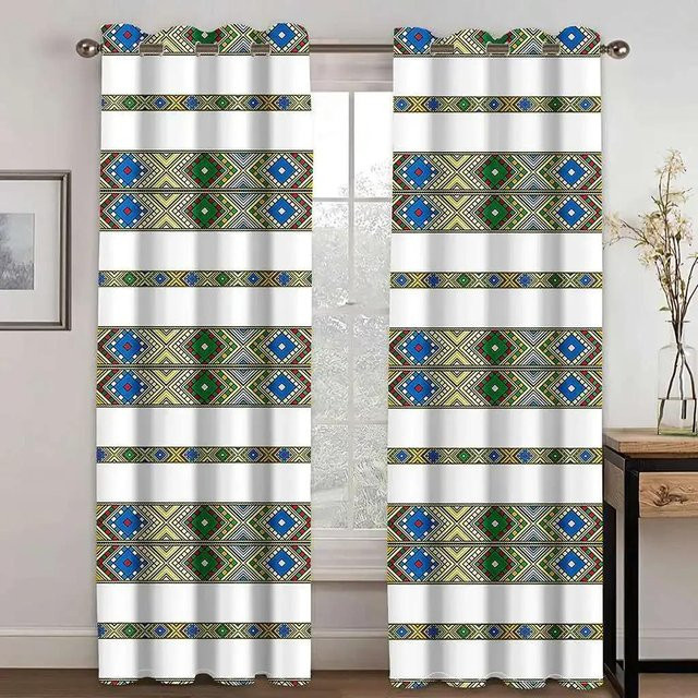 Yiran Furniture Vorhang-Set mit Fliesendesign in Multicolour, traditionelle äthiopische und eritreische Dekoration aus Polyester, semi-transparent, mit Ösen, B: 50 cm, H: 130 cm, 2 Stück - Bild 1