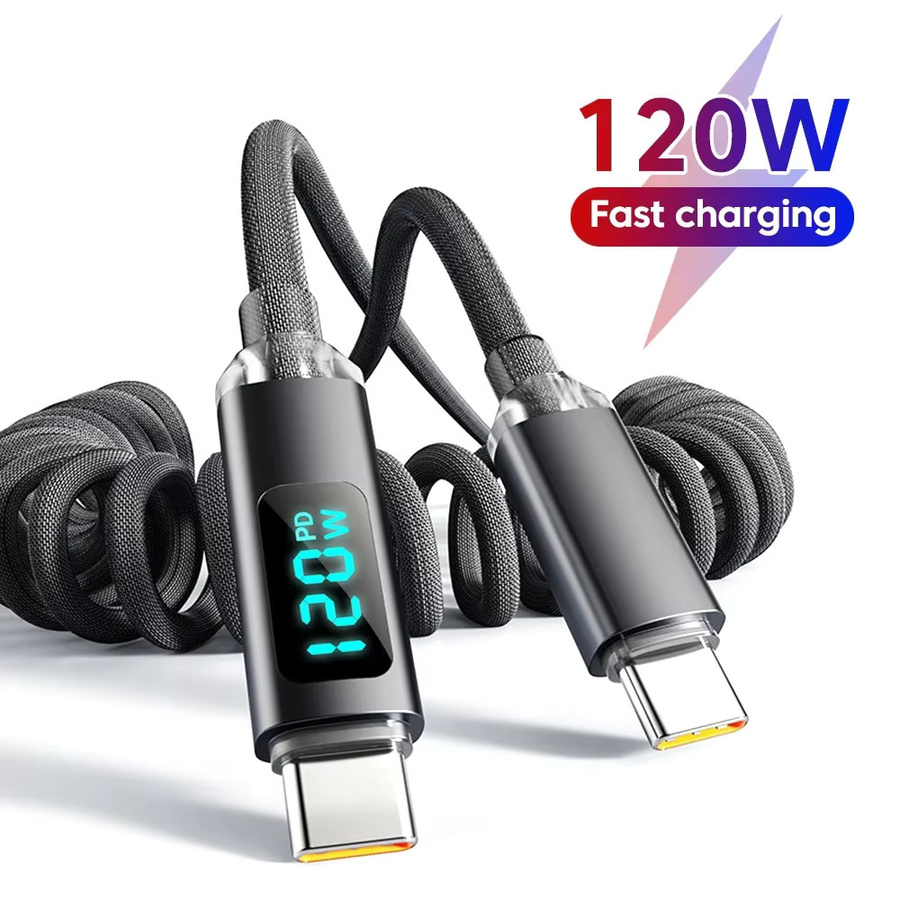 120W Auto-Spiral-Datenkabel mit Digitalanzeige, einziehbares USB-C-auf-Typ-C-Ladekabel in Schwarz für iPhone 15, Samsung, Huawei und Xiaomi - Bild 2