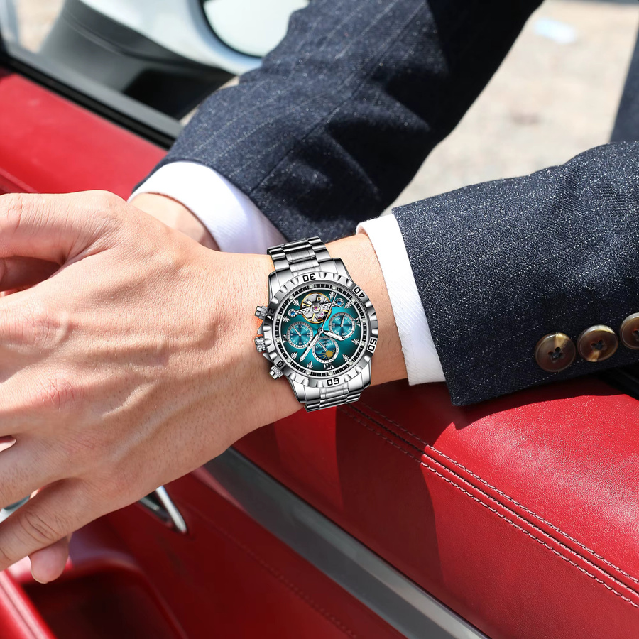 POEDAGAR Armbanduhr Automatik, Edelstahl, Blau, Herren - Bild 6
