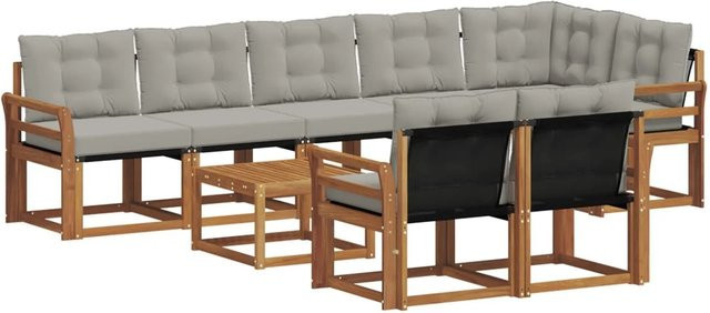 vidaXL 9-tlg. Outdoor-Sofagarnitur L-Form aus Akazienholz und Textilene in Grau mit Kissen und Armlehnen - Bild 1