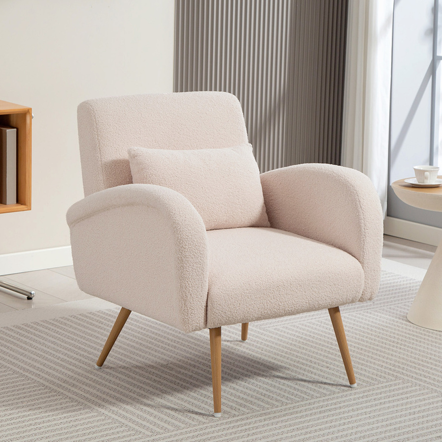HOMCOM Loungesessel mit Teddyplüschbezug und Lendenkissen in Beige, moderner Sessel mit Metallbeinen in Holzoptik für Wohnzimmer und Büro, B/T/H: 77 x 77 x 83 cm - Bild 2