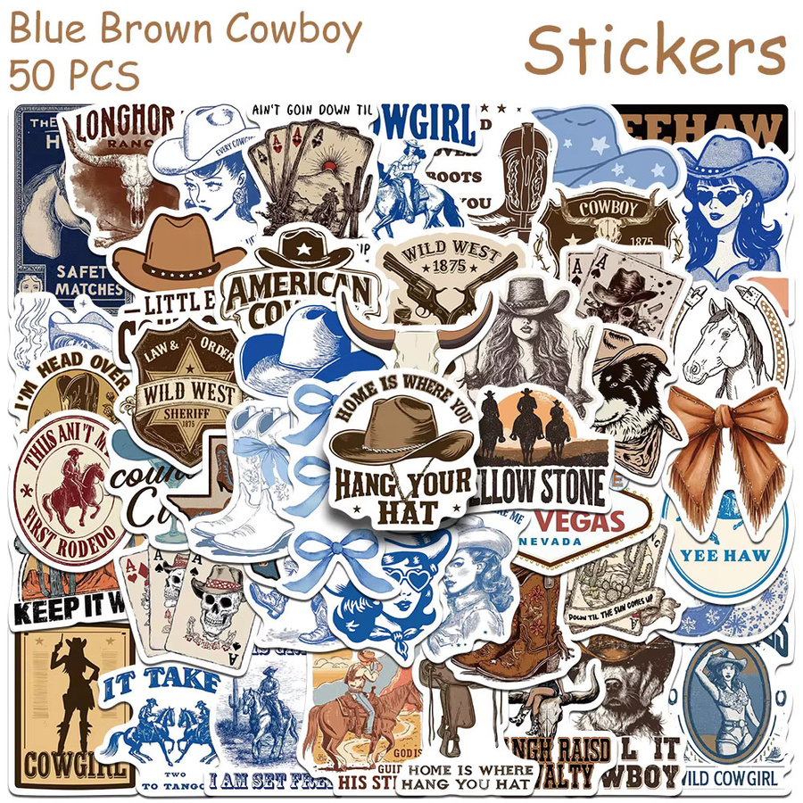 50 Stück Cowboy-Aufkleber in Blau und Braun, wasserfeste ästhetische Sticker für Laptop, Skateboard und DIY-Projekte - Bild 2
