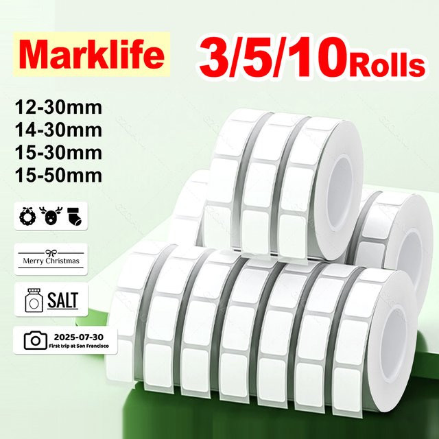 Marklife Thermo-Etikettenpapierrollen für P15 P12 M1, selbstklebende Aufkleber in Weiß, verschiedene Maße: 12 x 30 mm, 14 x 30 mm, 15 x 30 mm, 15 x 50 mm - Bild 1