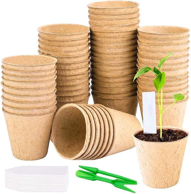 100 Stück biologisch abbaubare Pflanzensetzlingstöpfe mit 8 cm Durchmesser inklusive 100 Pflanzenetiketten und 2 Umpflanzwerkzeugen für Blumen und Pflanzen - Bild 1