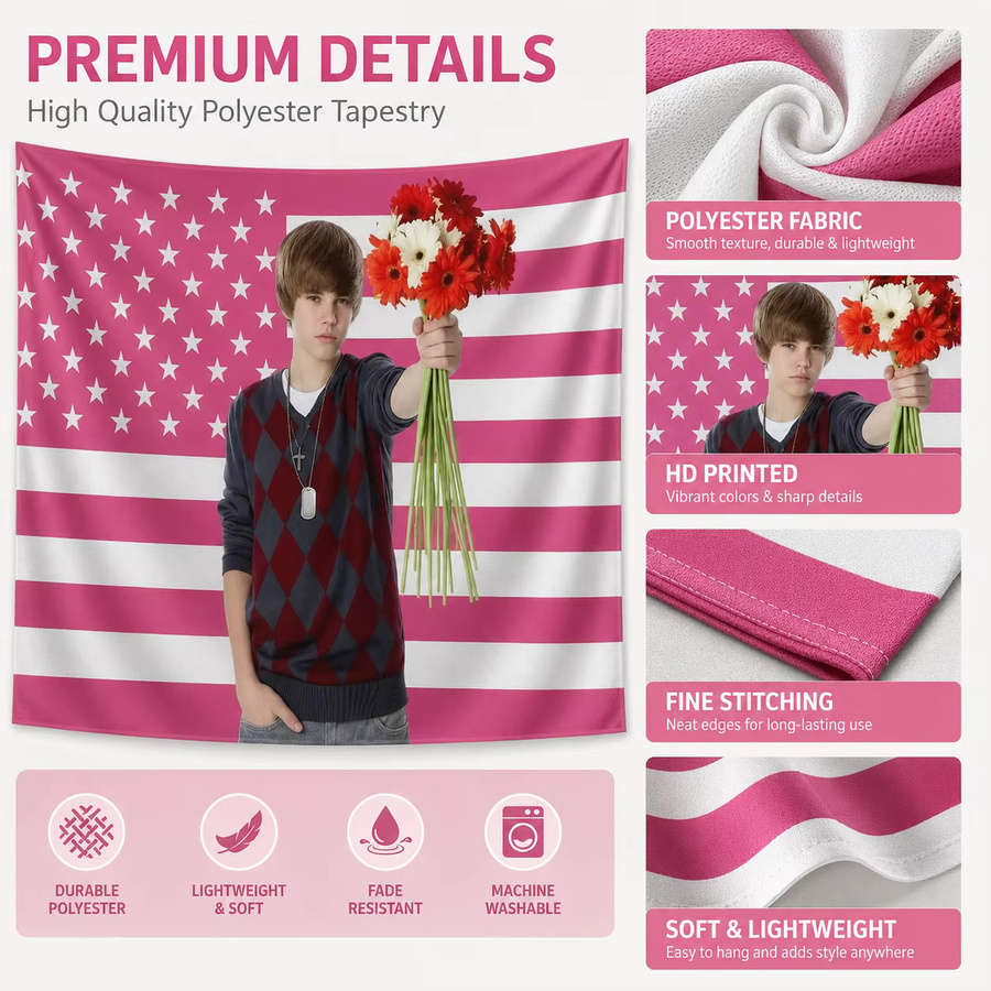 PopStarFan Wandbehang Justin Bieber Pink American Flag Banner mit Sternen, Textil, Breite: 60 cm, Höhe: 40 cm - Bild 5