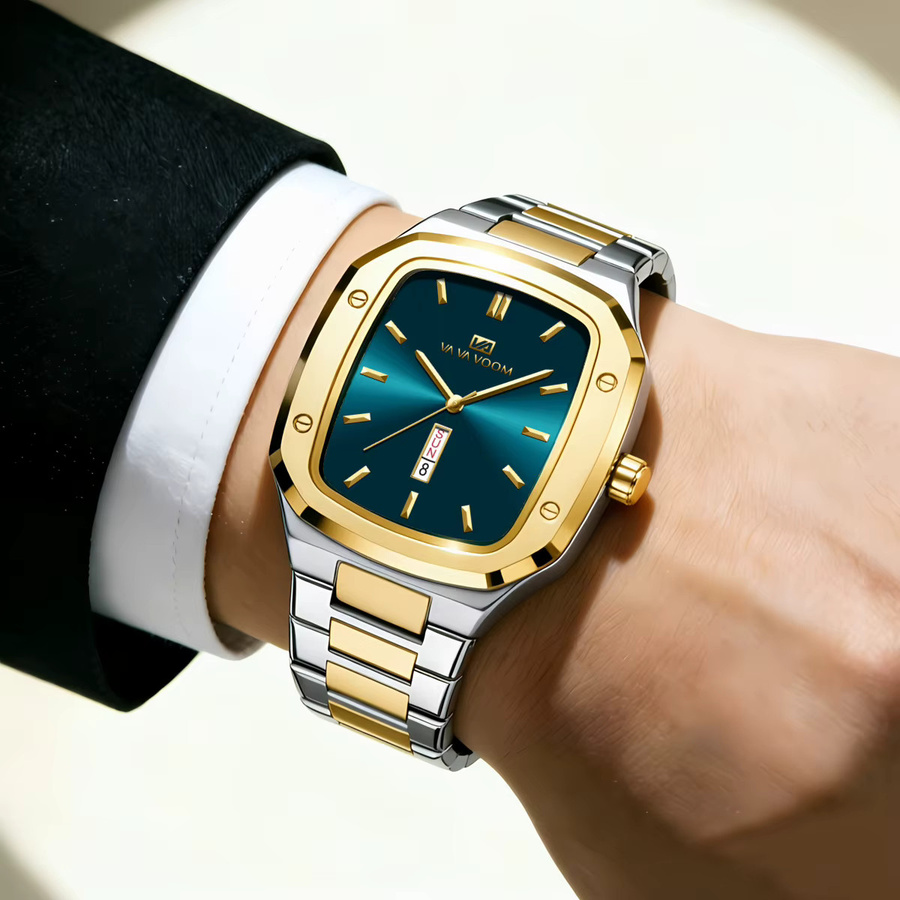 VA VA VOOM Armbanduhr, Quarz, Edelstahl, Blau, Gold, Eckig, Herren - Bild 3