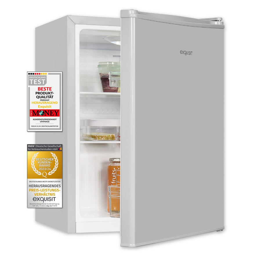 Exquisit Mini Kühlschrank KB560-V-091E grau mit LED-Innenbeleuchtung und Flaschenregal, B/T/H: 45 x 45 x 81 cm - Bild 1