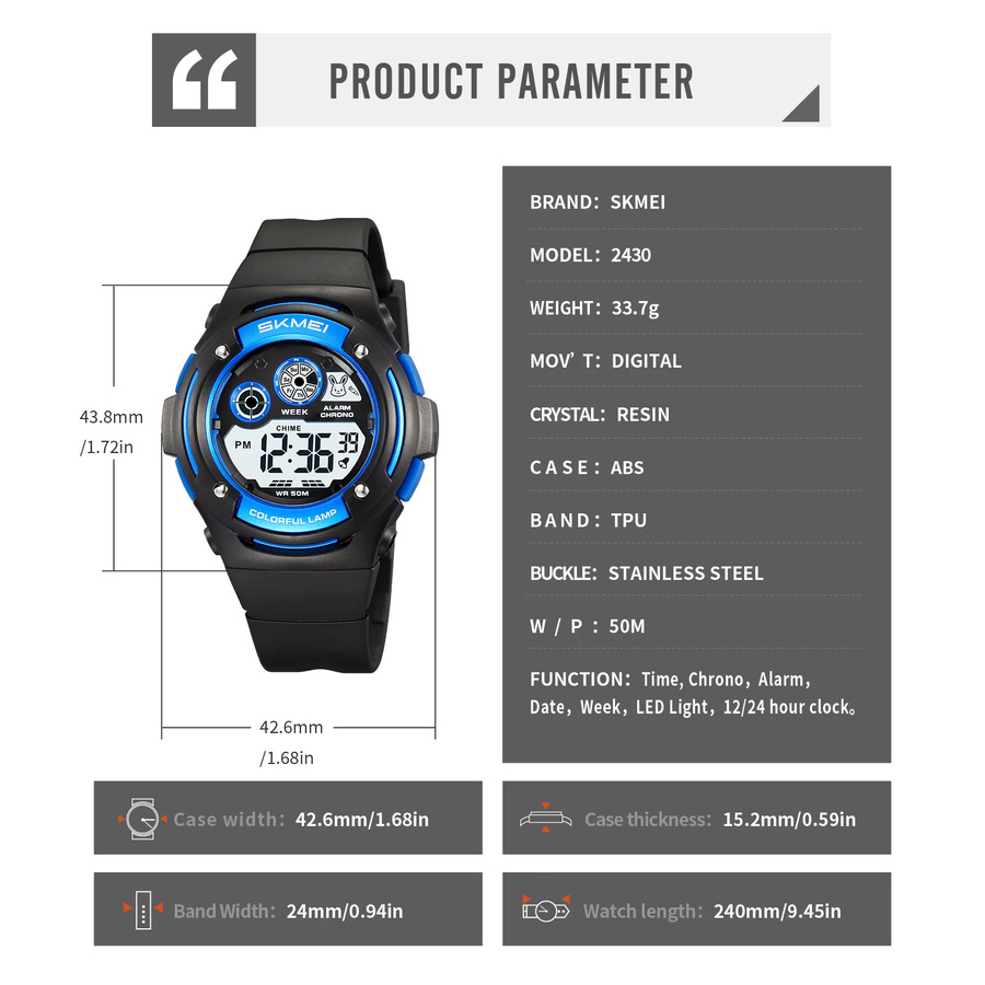 SKMEI Kinder-Armbanduhr, Digitaluhr, Quarz, Schwarz, Kunststoff, 5 ATM - Bild 2