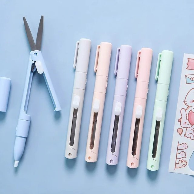 Multifunktionale 2-in-1 Faltschere in Stiftform als tragbarer Papierschneider für Scrapbooking und Kunstwerke, Farbe: Pink - Bild 1