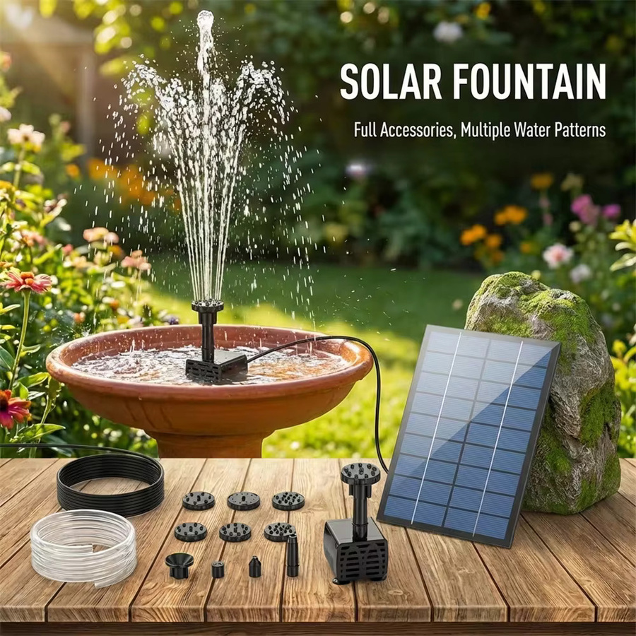 AISITIN Solarbrunnen Schwarz mit 6 Düsen für Garten, Teich und Vogelbad, 1,5 W/2,5 W DIY-Pumpe, rund - Bild 2