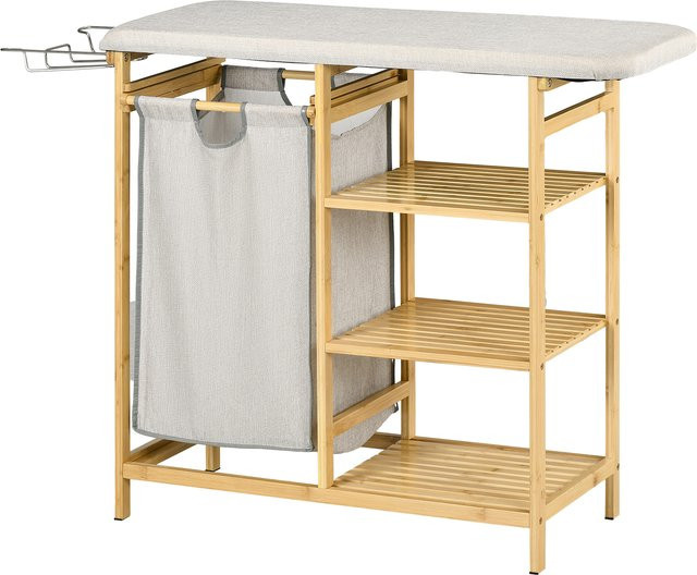 HOMCOM Wäschekorb mit Bügelbrett und Bügeleisen, Wäschesammler mit 3-Ebenen-Regal und abnehmbarer Tasche, 57,4 l, Grau/Beige - Bild 1