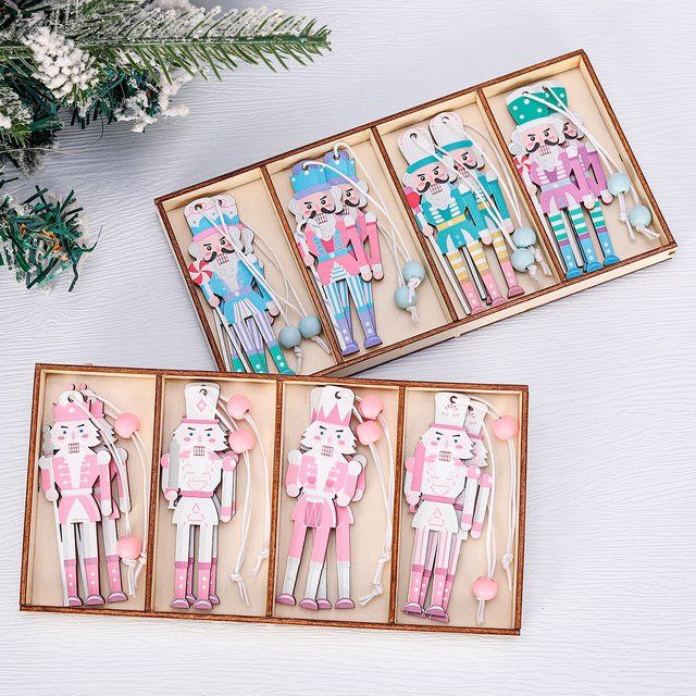 8er Set joy-enlife Nussknacker Soldat Anhänger aus Holz in Rosa für Weihnachtsbaum und Neujahr - Bild 1