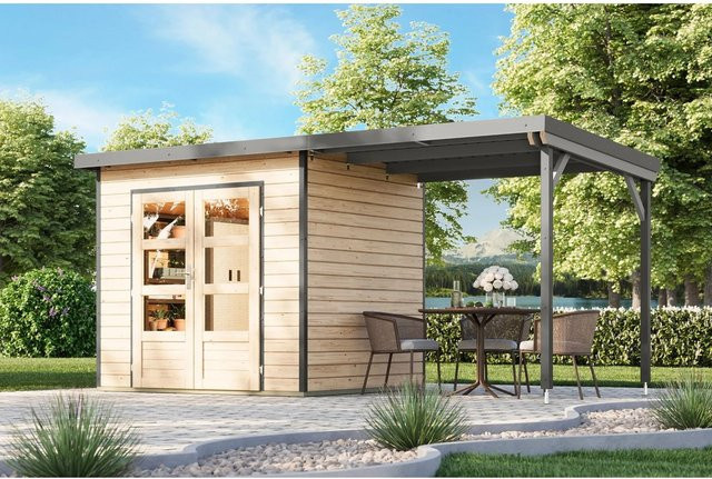 Karibu Gartenhaus Domingo 2 A mit Anbaudach in Natur-Grau - Bild 1