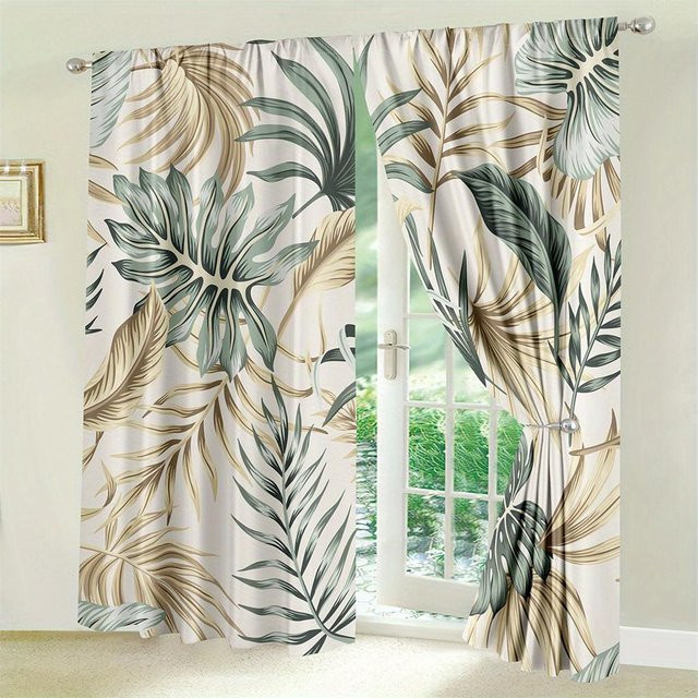 2er-Set Yiran Furniture Vorhänge mit tropischem Kaktus- und Laubmuster, botanisch bedruckt, halbtransparent, Mehrfarbig, B: 50 cm, H: 100 cm - Bild 1