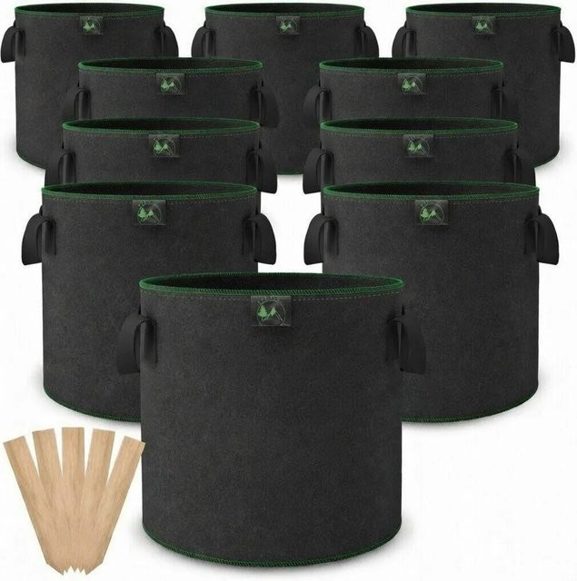 TTL GARDEN Pflanzsack 10er Set aus Filz, 12L Pflanzentöpfe in Schwarz und Holzoptik, Durchmesser: 26 cm - Bild 1