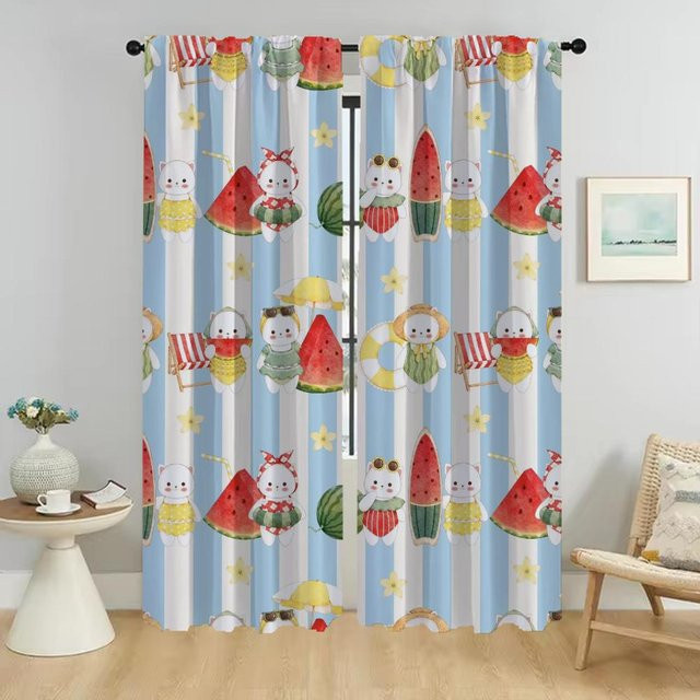 Wassermelonen-Kätzchen Vorhänge für Wohnzimmer und Zimmer, 2 Paneele, Mehrfarbig, Breite: 50 cm, Höhe: 70 cm - Bild 1