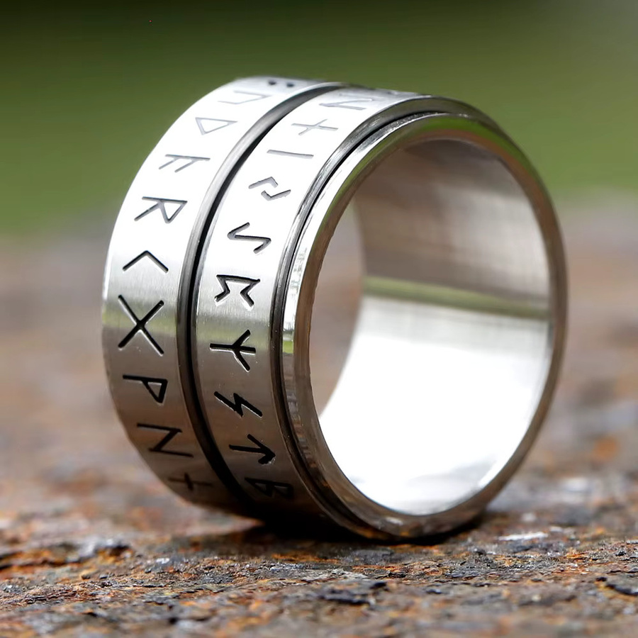 Drehbarer Viking Rune Ring, Edelstahl, Silber, Unisex - Bild 2