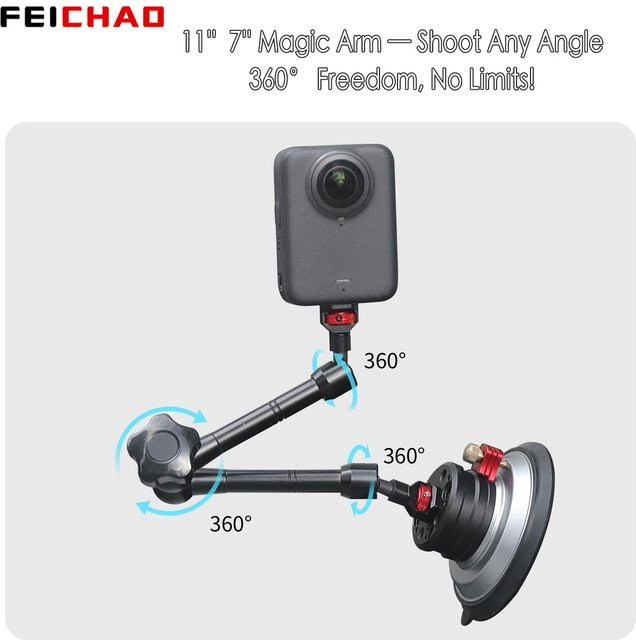 FEICHAO Magic Arm Magnethalterung mit verstellbarem Saugnapf und 1/4 Zoll Schraube aus Aluminium in Schwarz für DJI Osmo Pocket 3, GoPro 13 und Insta360 Kameras - Bild 1