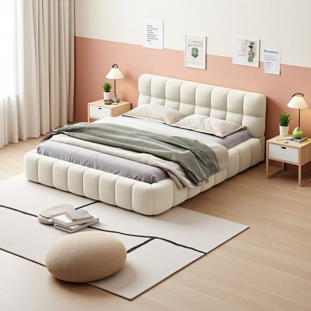 Fangange Gepolstertes Doppelbett mit weichem Kopfteil und Holzlattenrost in Beige, B/T/H: 140 x 200 cm - Bild 1