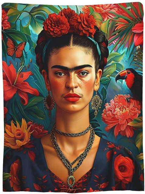 F-Frida K-Kahlo Decke aus Korallenfleece in Multicolour, weiche Plüsch-Tagesdecke mit floralem Design, B/B: 75 x 100 cm - Bild 1