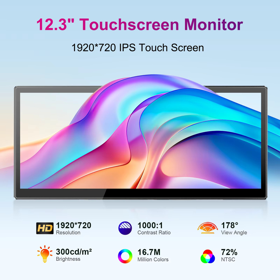 Unew 12,3 Zoll Touchscreen-Monitor mit 1920x720 Auflösung, 60Hz, HDMI und USB-C, Schwarz, VESA-Halterung 75 x 75 mm - Bild 2