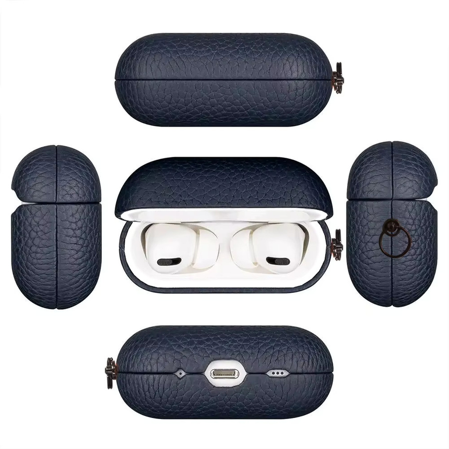 Retro Echtleder Schutzhülle für Apple AirPods Pro/2/3/4/5 in Blau mit Litschi-Textur - Bild 3