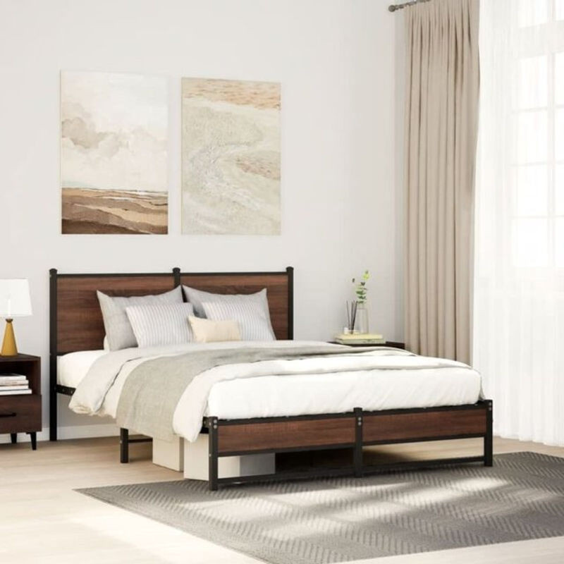 Metallbett Vidaxl in Braun mit Eichen-Optik im Industrial-Stil, B/T/H: 150 x 200 cm - Bild 1