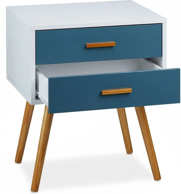 Relaxdays Beistellschrank aus Holz und Bambus in Weiß und Türkis mit 2 Schubladen, B/T/H: 58 x 48 x 41 cm - Bild 1