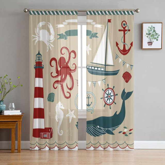 Transparente Tüll-Vorhänge mit maritimen Motiven von Super Six in Grau, Breite: 135 cm, Höhe: 114 cm - Bild 1
