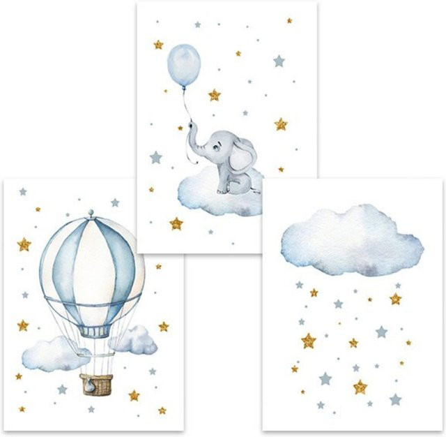 TPFLiving Leinwand Poster für das Kinderzimmer mit Elefantenbaby, Luftballon und Sternen, Mehrfarbig, Breite: 30 cm, Höhe: 40 cm - Bild 1