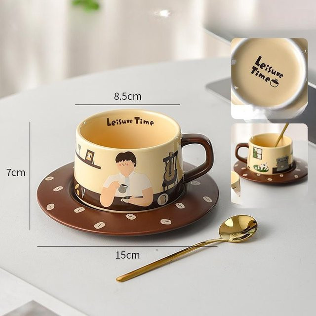 Kaffeetasse aus Keramik mit Löffel und Untertasse, Mehrfarbig, 220 ml - Bild 1