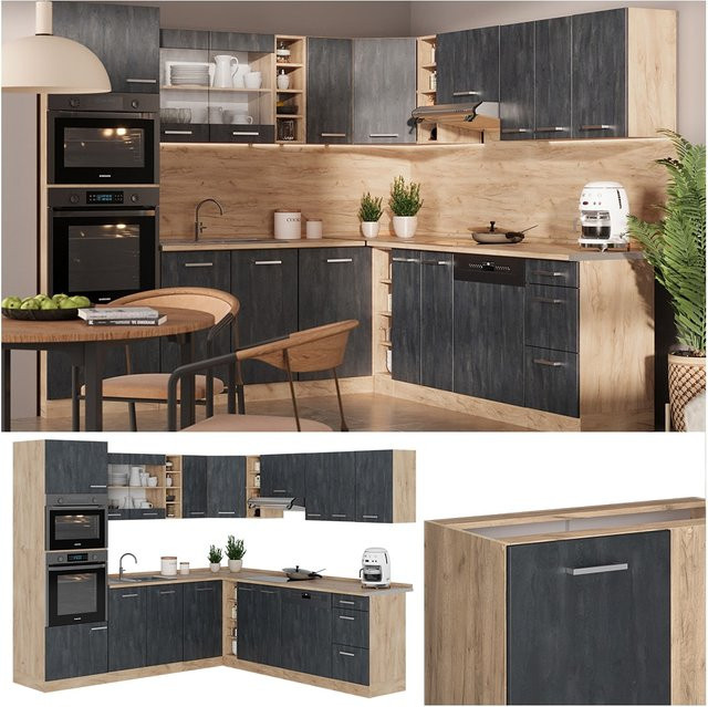 Vicco R-Line Einbauküche in L-Form Schwarz Beton Eiche ohne Arbeitsplatte B/T/H: 247 x 237 x 206,8 cm - Bild 1