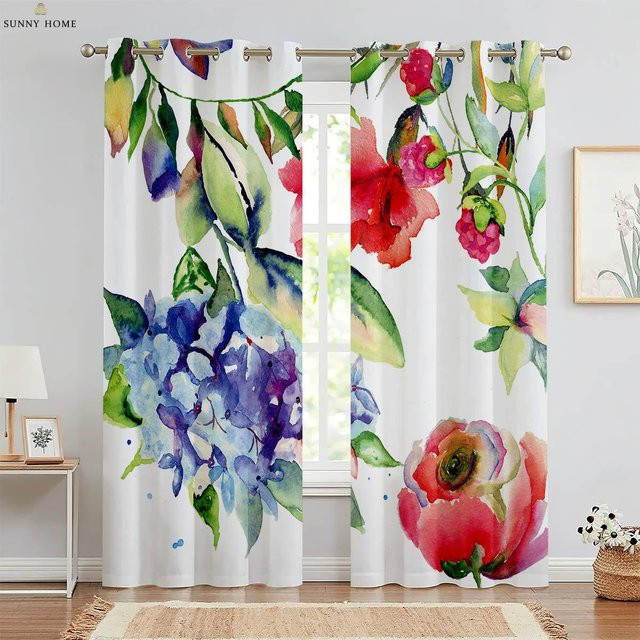 2er-Set Dekorative Vorhänge mit Aquarell Blumenmuster im Pastoralen Stil, halbtransparent, Polyester, Mehrfarbig, B: 106,5 cm, H: 213 cm - Bild 1