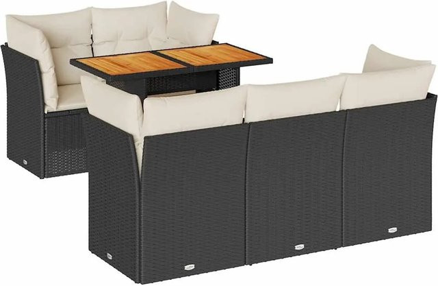 vidaXL 6-teilige Garten-Sofagarnitur aus Poly-Rattan und Akazienholz in Schwarz-Creme mit Kissen - Bild 1