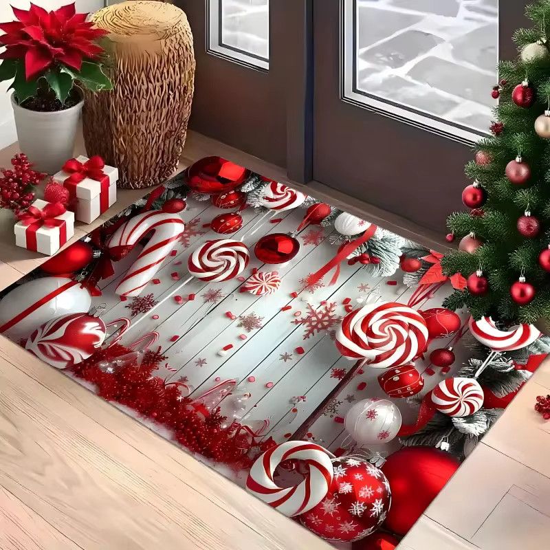 VIKAMA Weihnachtliche Fußmatte mit Motiv aus rot-weißen Süßigkeiten und Lebkuchen in Multicolor für Haustür, Küche oder Wohnzimmer - Bild 5