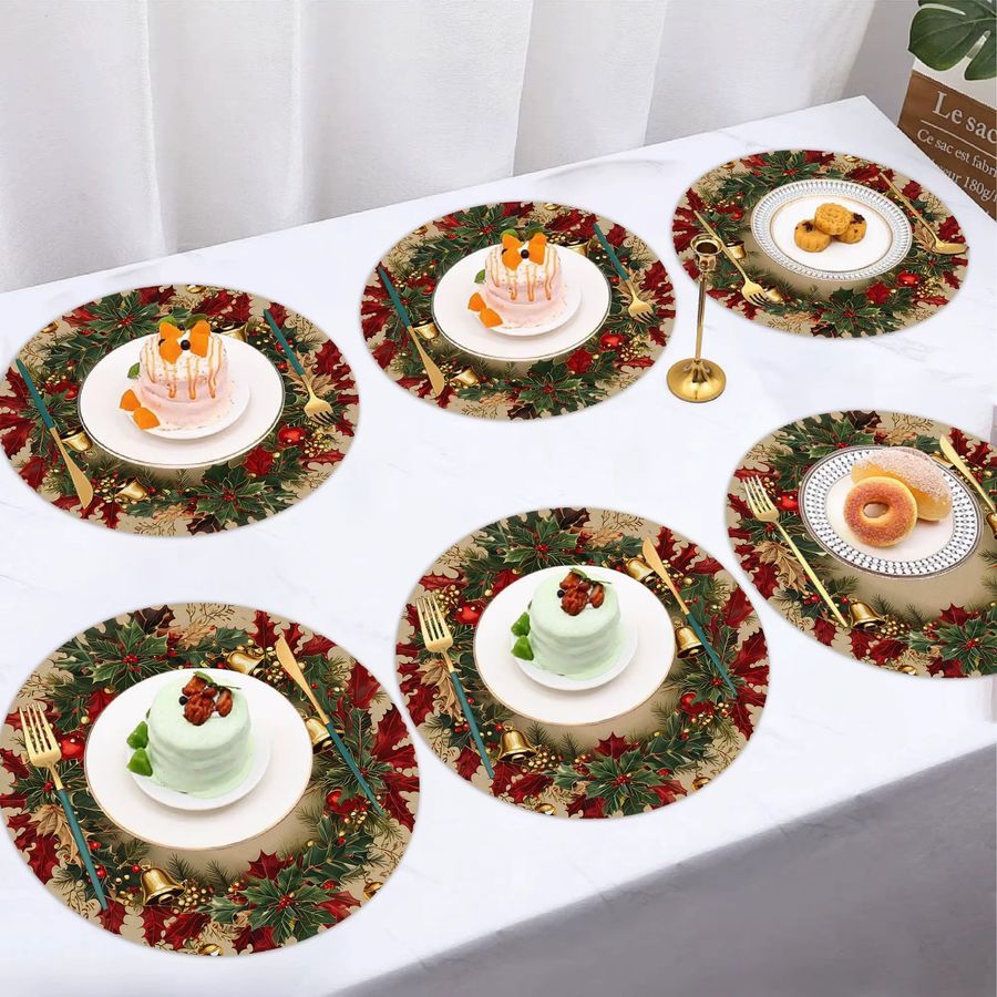 VIKAMA 6er Set Weihnachts Platzsets mit Holly Berry Design für die Tischdekoration - Bild 2