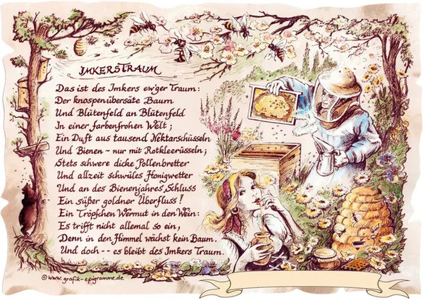 Zunftbild Imkerstraum von Tantum Graphic als Vintage Poster auf Antikpapier, Mehrfarbig, A4