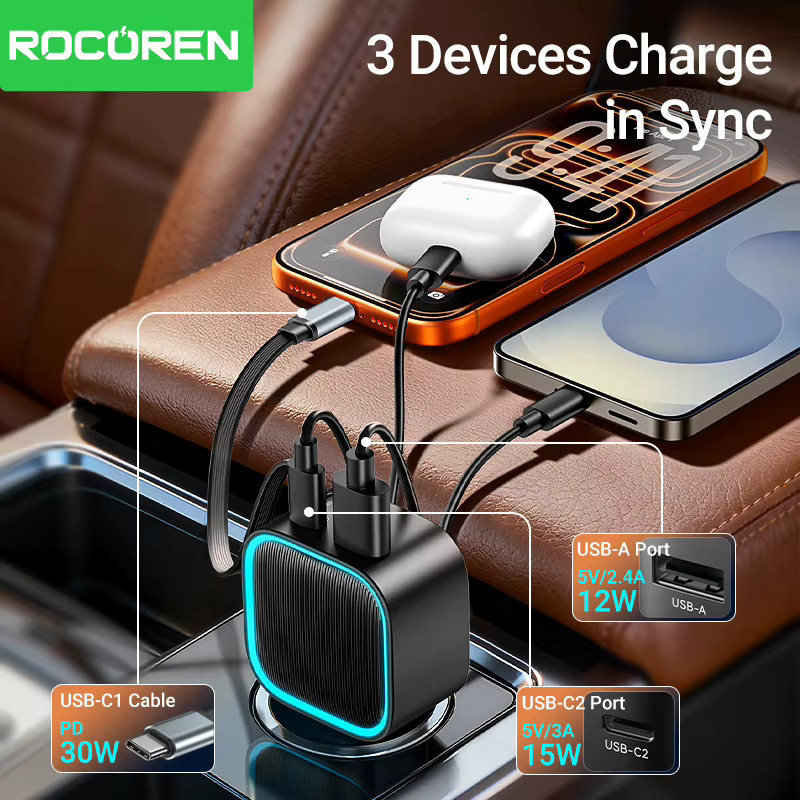 Rocoren 3-in-1 Einziehbares Autoladegerät PD 30W in Schwarz mit USB-Typ-C und 2C+A Anschlüssen - Bild 3