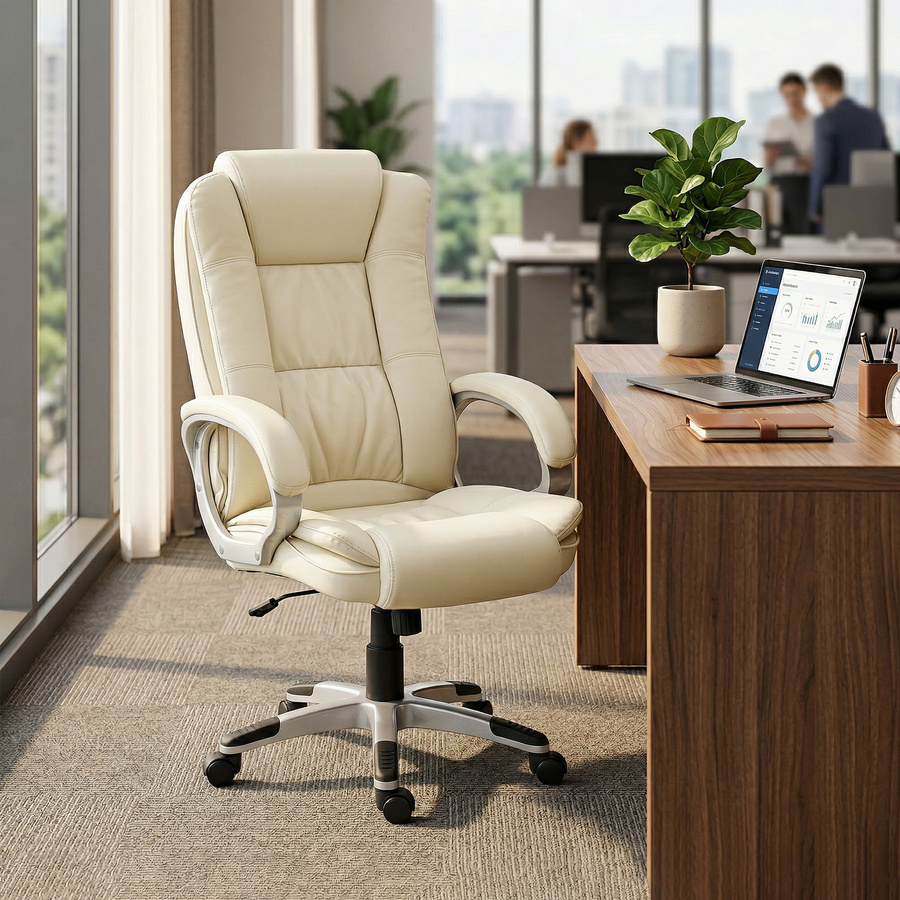 HOMCOM Ergonomischer Bürostuhl aus PU-Leder in Beige mit gepolsterten Armlehnen, Wippfunktion und hoher Rückenlehne, höhenverstellbarer Drehstuhl für Home-Office und Erwachsene - Bild 2