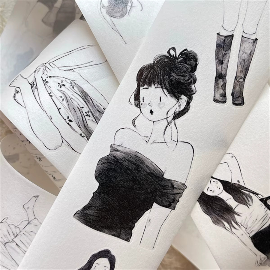 DingDing Studio Vintage Lovely Girl In Black Dress Washi PET-Klebeband in Schwarz und Multicolour für Scrapbooking und DIY-Projekte, 48 mm Breite - Bild 2