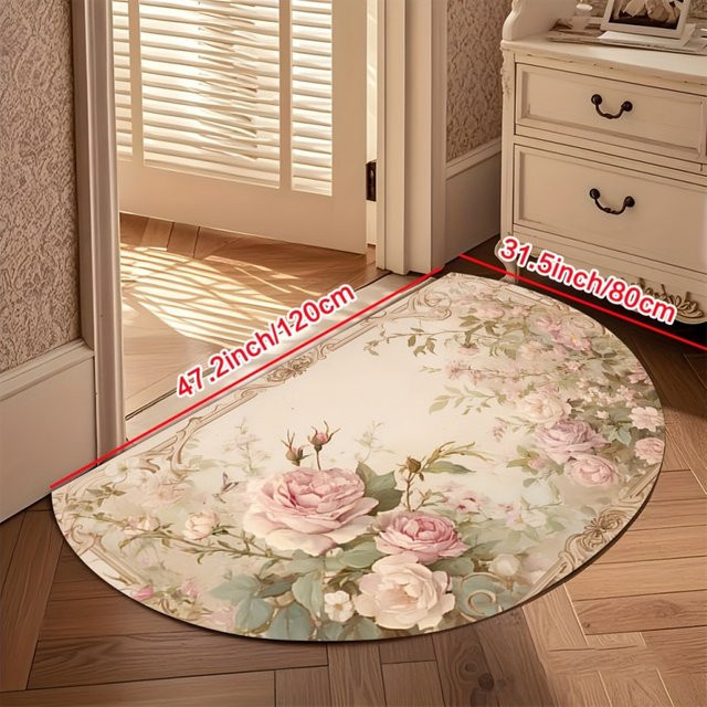 VIKAMA Flanell-Bodenmatte mit floralem Design, halbrund, Farbe: Hellrosa und Beige, B/T: 60,0 x 40,0 cm - Bild 1