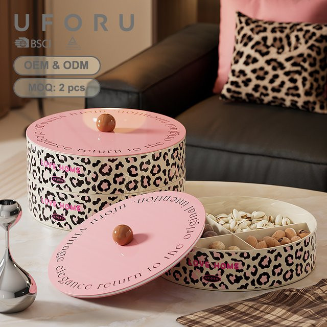 UFORU Obstteller mit Leopardenmuster in Pink und Multicolour, mehrstöckige runde Obstschale mit Abdeckung für das Wohnzimmer - Bild 1