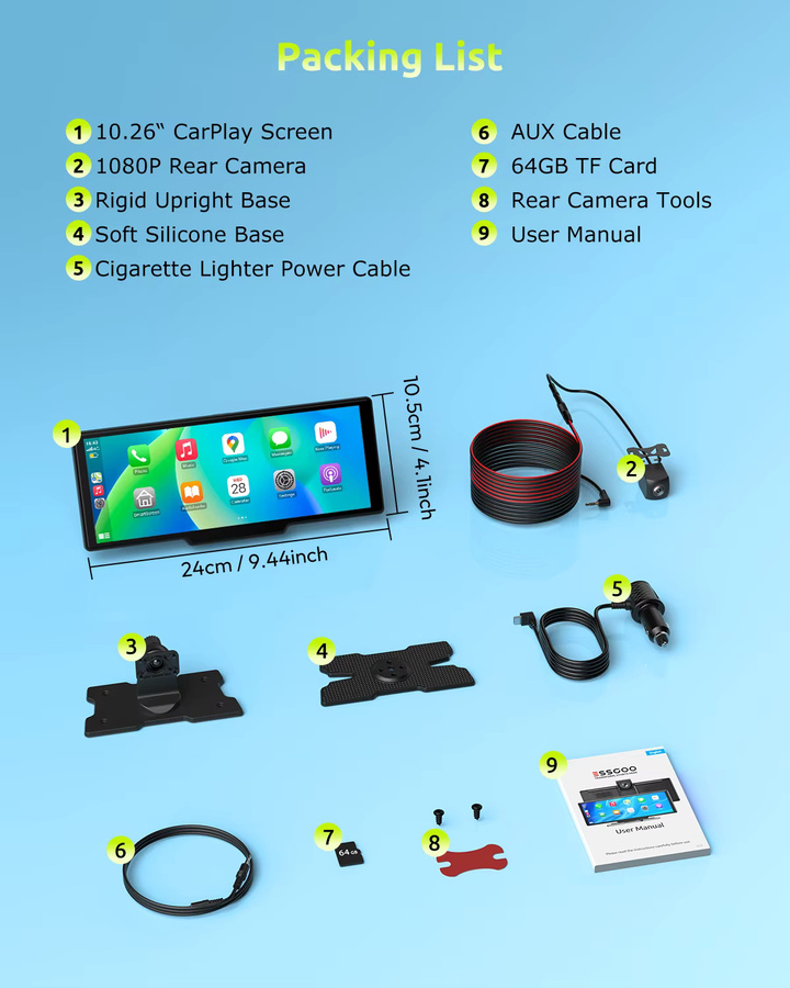 ESSGOO Tragbares Autoradio mit 10,26 Zoll 4K Touchscreen, kabelloses CarPlay, Android Auto, Bluetooth, Mirror Link und Dual-Lens Dashcam inklusive Rückfahrkamera in Schwarz - Bild 7