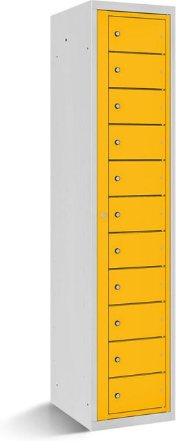 rotstahl Fächerschrank mit Zentraltür und 11 Fächern in Gelb mit lichtgrauem Korpus, B/T/H: 40 x 50 x 180 cm - Bild 1