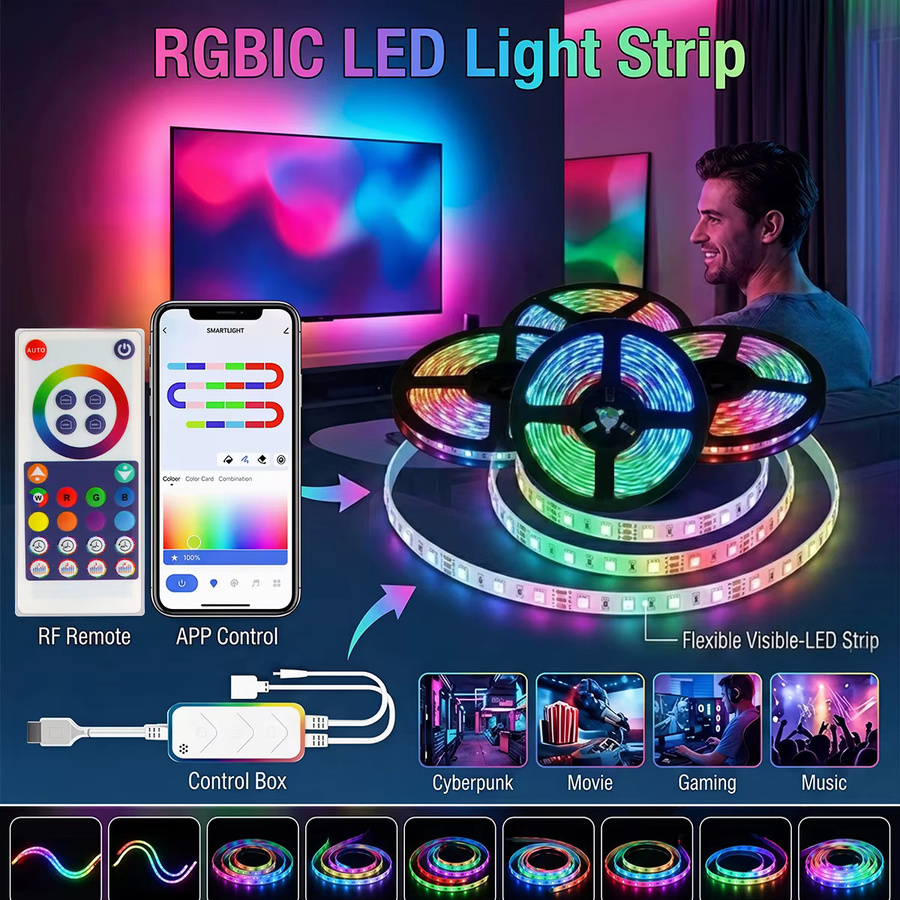 Leclstar RGBIC LED-Streifen SMD5050 mit 18 LEDs/m, USB-betrieben, Bluetooth und Tuya Smart Steuerung, kompatibel mit Amazon Alexa, dimmbar und multicolor - Bild 2