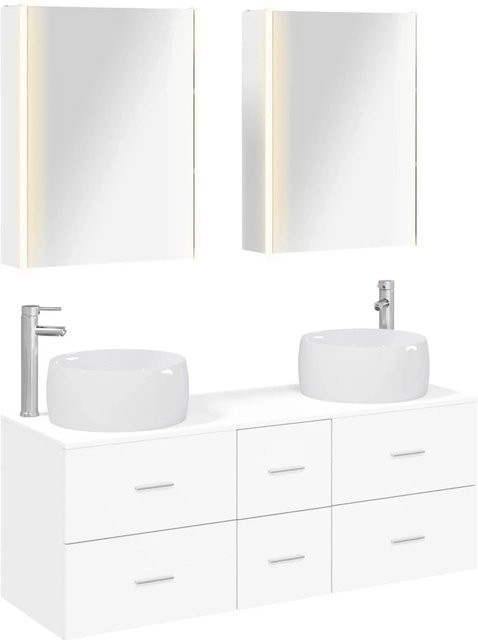 vidaXL 5-tlg. Badezimmermöbel-Set in Weiß aus Ingenieurholz und Glas mit Waschtischunterschrank, Spiegelschrank und LED-Beleuchtung - Bild 1