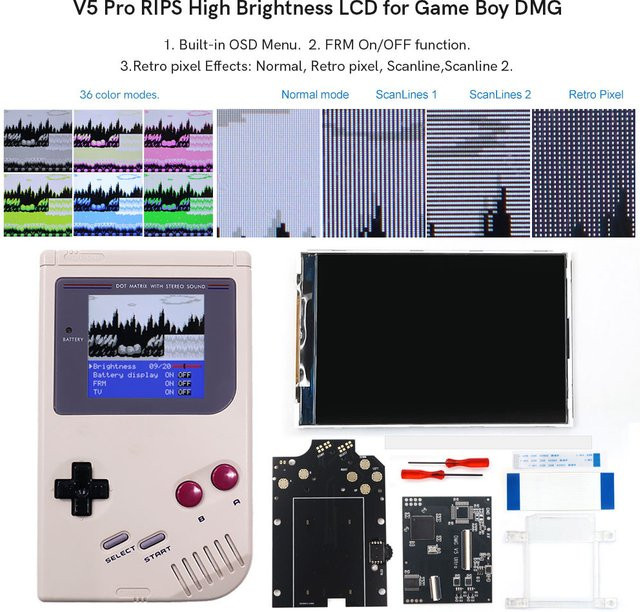 HISPEEDIDO RIPS-LCD-Bildschirm mit 36 Farbmodi und Retro-Pixel-Highlight-Hintergrundbeleuchtung für GB DMG V5 Pro Konsole, Weiß - Bild 1